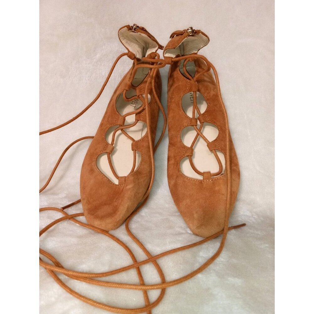 Nine West Women's Lace-Up Suede Flats Rear Zippers Size 7M Tan Leather Upper